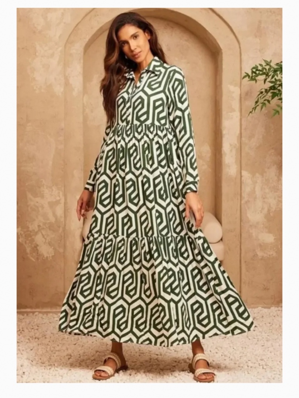 ZARA cream/green geometric dress